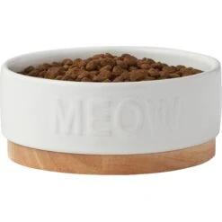 Frisco Round Meow Non-skid Ceramic Cat Bowl With Wood Base -Frisco Sales Store 256078 PT3. AC SS1800 V1615313181