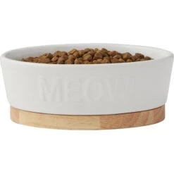 Frisco Oval Meow Non-skid Ceramic Cat Bowl With Wood Base -Frisco Sales Store 256080 PT3. AC SS1800 V1615312053