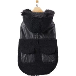 Frisco Medium Weight Faux Leather Dog & Cat Parka With Faux Fur Trimmed Hood, Black -Frisco Sales Store 719798 PT3. AC SS1800 V1692978853