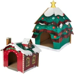 Frisco Holiday Christmas Tree Cardboard Cat House & Frisco Holiday Santa's Workshop Cardboard Cat House